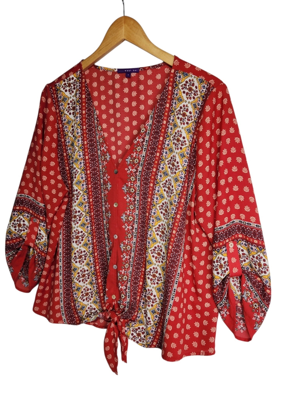 West Kei Women’s L Red Boho Mixed Print Tie Front Blouse 3/4 Sleeve Flowy Fall - Picture 3 of 12